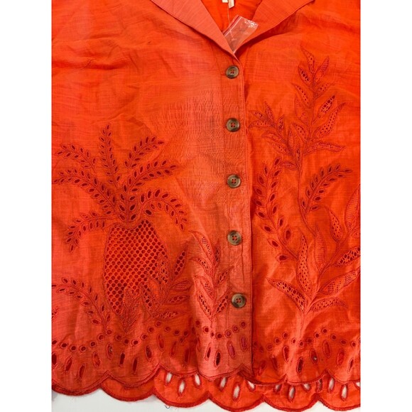 Anthropologie Blouse Top Women Small Orange Pineapple Eyelet Button Up Oversized - Picture 7 of 9